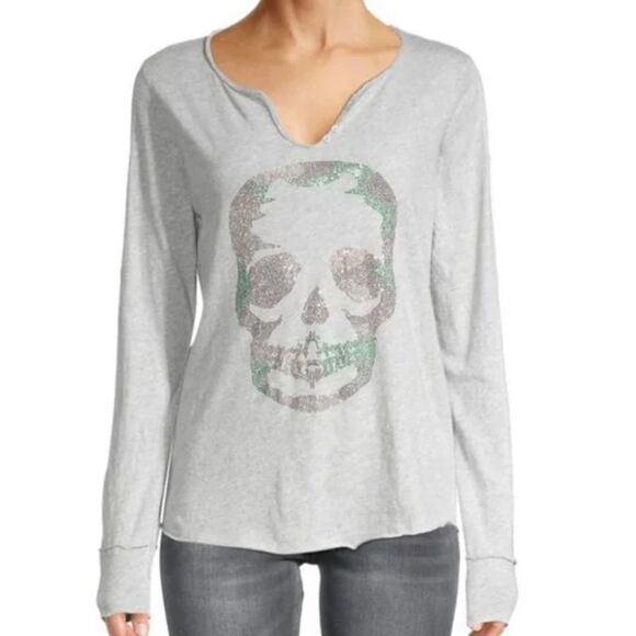 ZADIG & VOLTAIRE Tunisien Camo Strass Skull Henley Grey Medium MSRP $138 - Picture 2 of 9